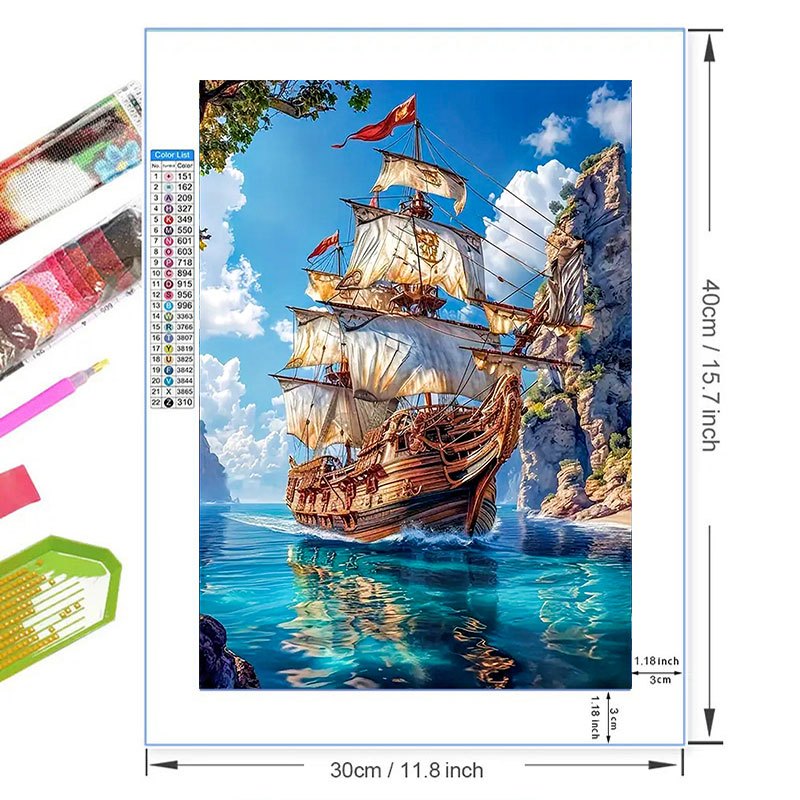 Qiziteng 5D DIY Diamond Painting Kit Sailboat Sunset Round Mosaic