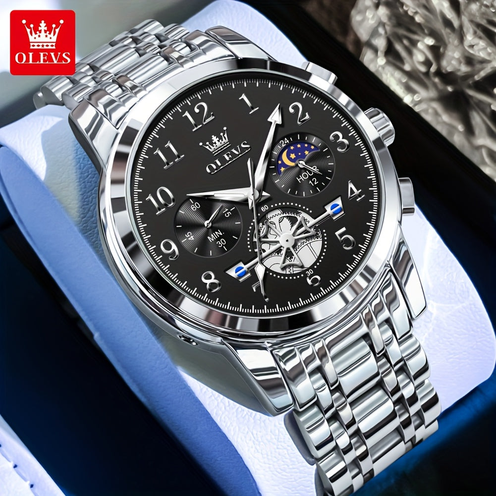 OLEVS Men's Luxury Quartz Watch Stainless Steel Moon Phase Chronograph
