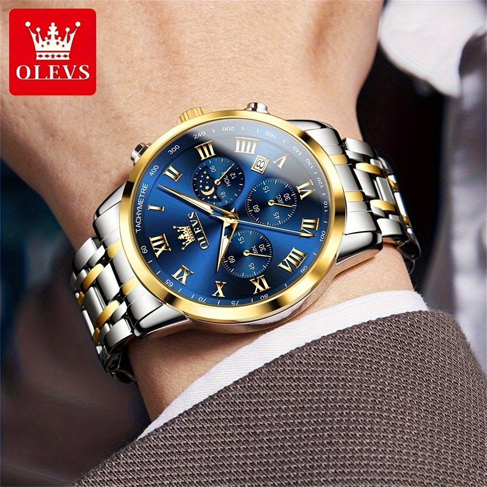 OLEVS Mens Watch Stainless Steel Chronograph Roman Numerals Moon Phases