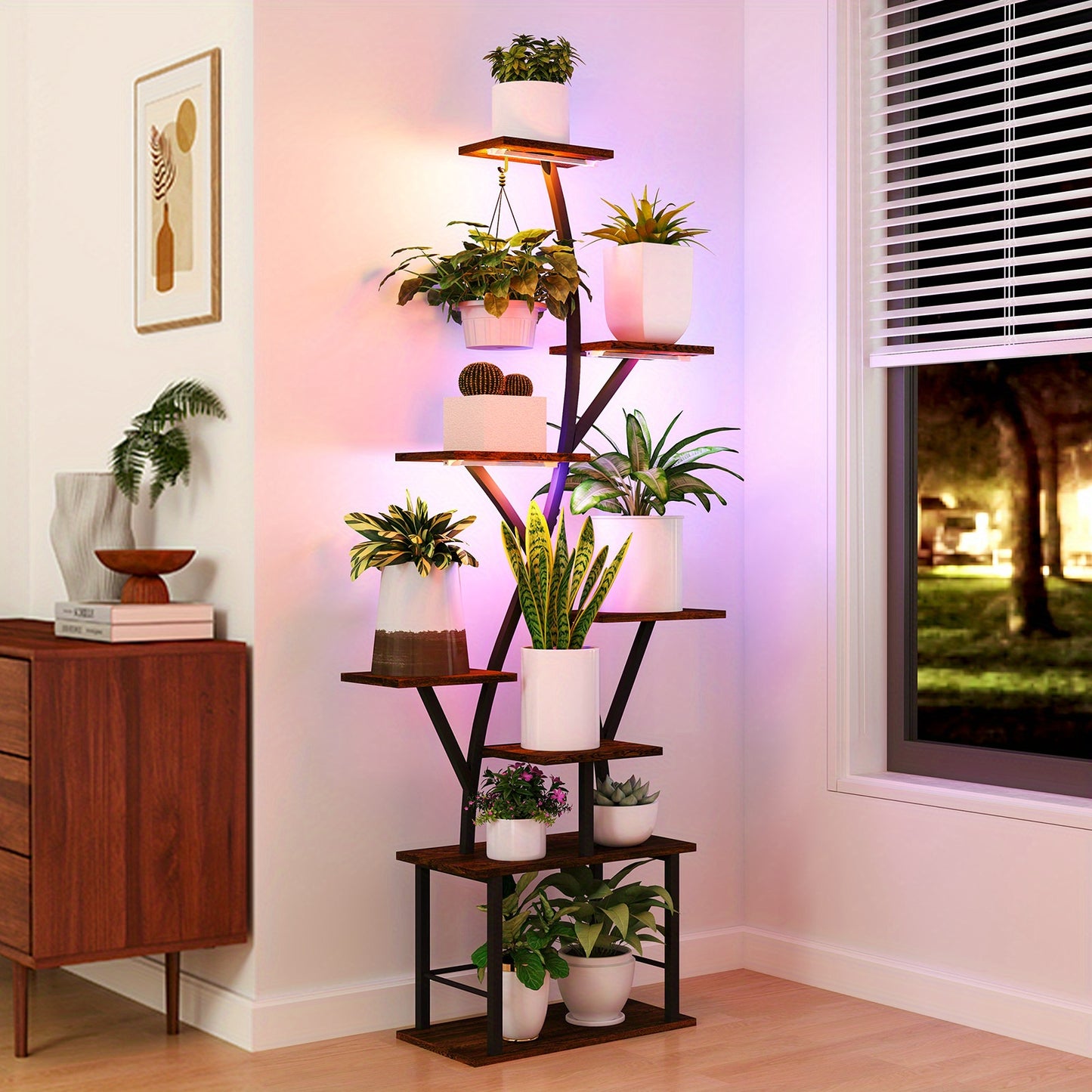 8-Tier Indoor Plant Stand With USB Grow Lights Wood Frame