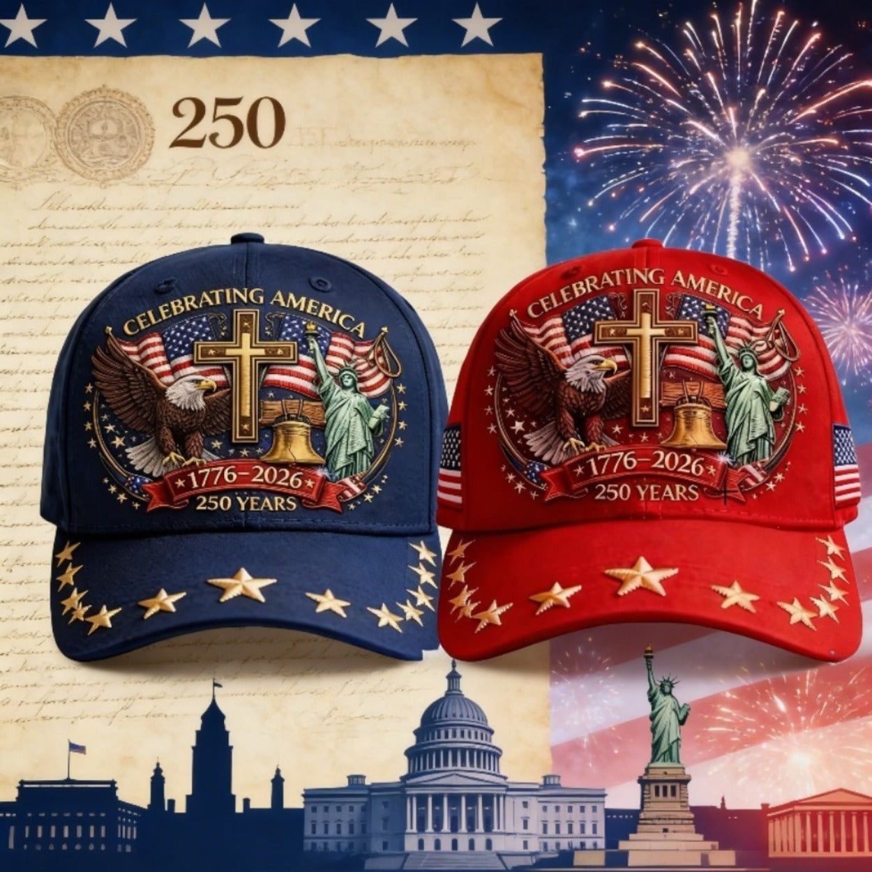 2-Pack US 250th Anniversary Caps - Eagle and Liberty and Cross Design, Adjustable Patriotic Baseball Caps, Unisex, Printed Caps, Independence Day Caps, Holiday Accessories, Ideal Gift for History Lovers, Suitable for All Seas