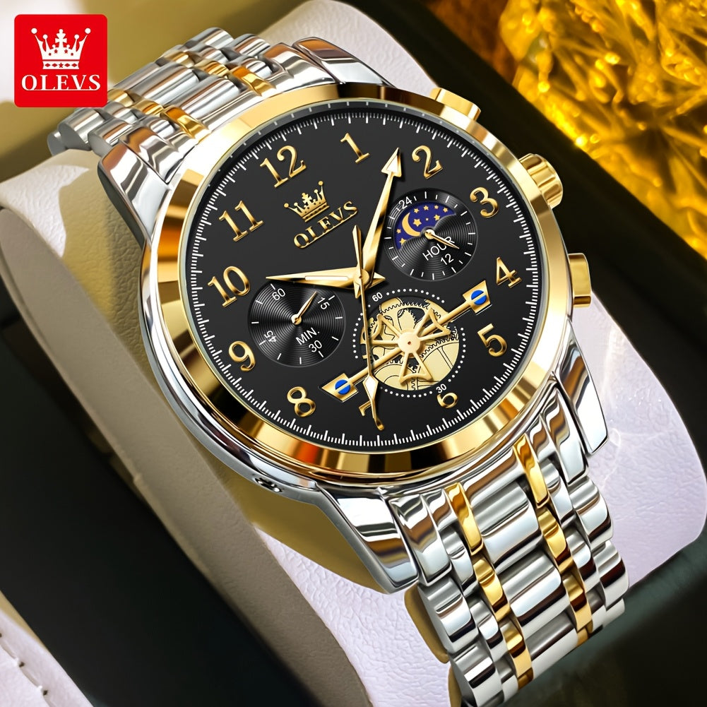OLEVS Men's Luxury Quartz Watch Stainless Steel Moon Phase Chronograph