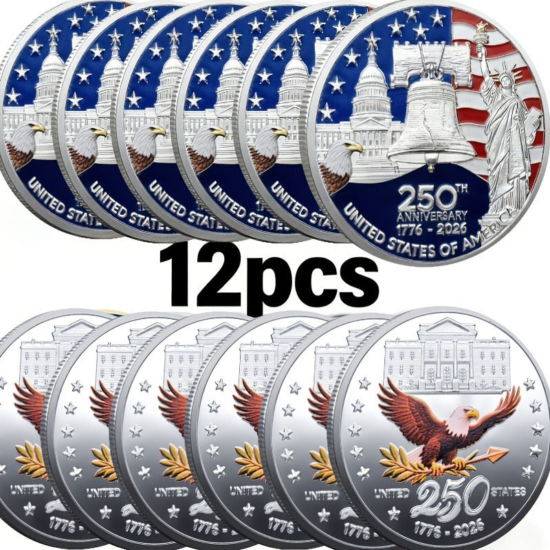12pcs 2026 American Independence 250th Anniversary Medal Set | 1776-2026 Reissue Coins with Plastic Case and Eagle Challenge Coin Badge, Golden Iron Coins