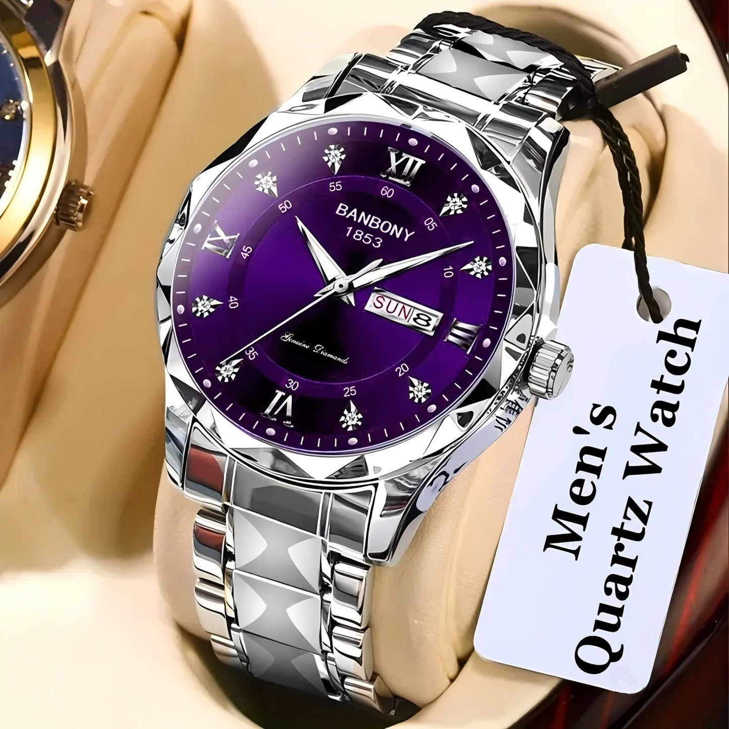 BANBONY Stainless Steel Strap Multifunctional Watch Roman Numerals Rhinestones