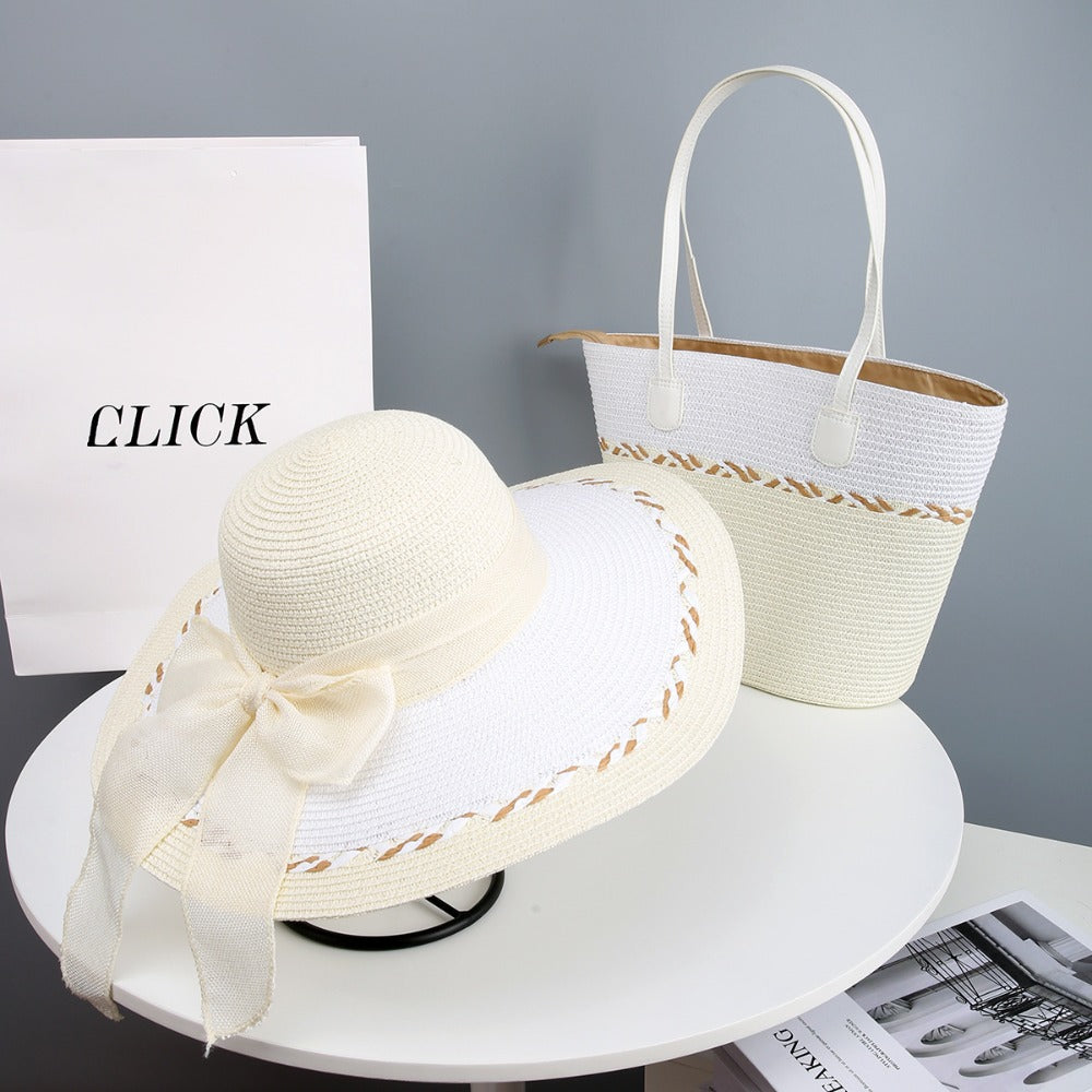 Hand- Straw Hat and Bag Set for Women, Beach Vacation Sun Hat Visor Hat