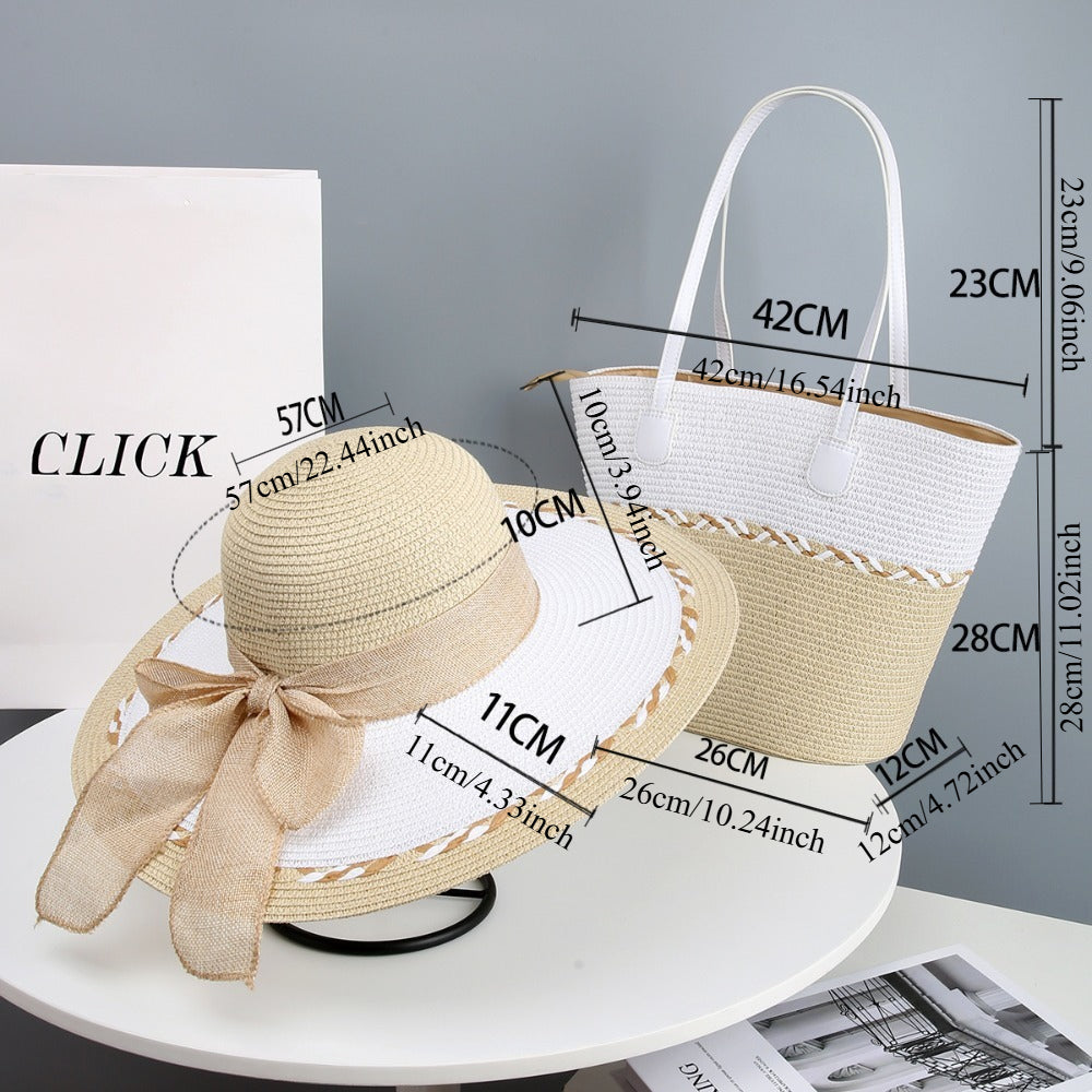 Hand- Straw Hat and Bag Set for Women, Beach Vacation Sun Hat Visor Hat