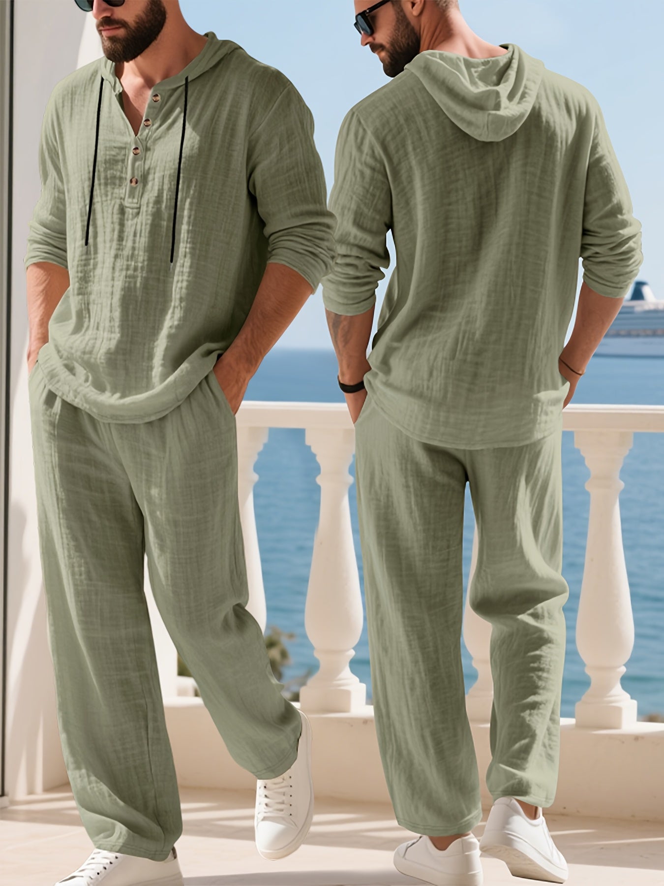 Mens Hooded Henley Shirt And Pants Set American Style Casual