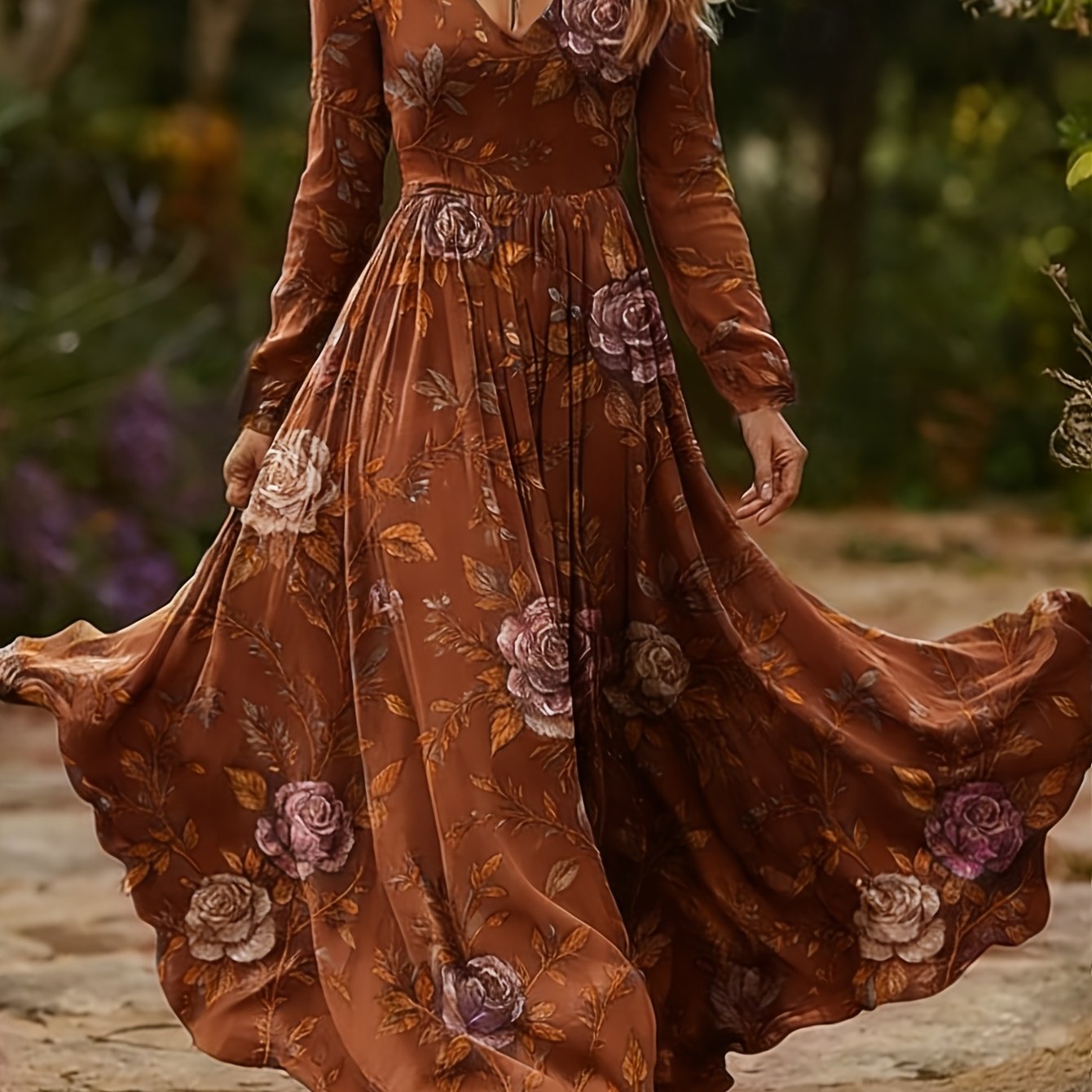 CIUM Elegant Flower Print Maxi Dress Long Sleeve V Neck