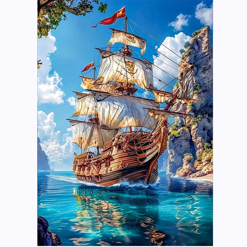 Qiziteng 5D DIY Diamond Painting Kit Sailboat Sunset Round Mosaic