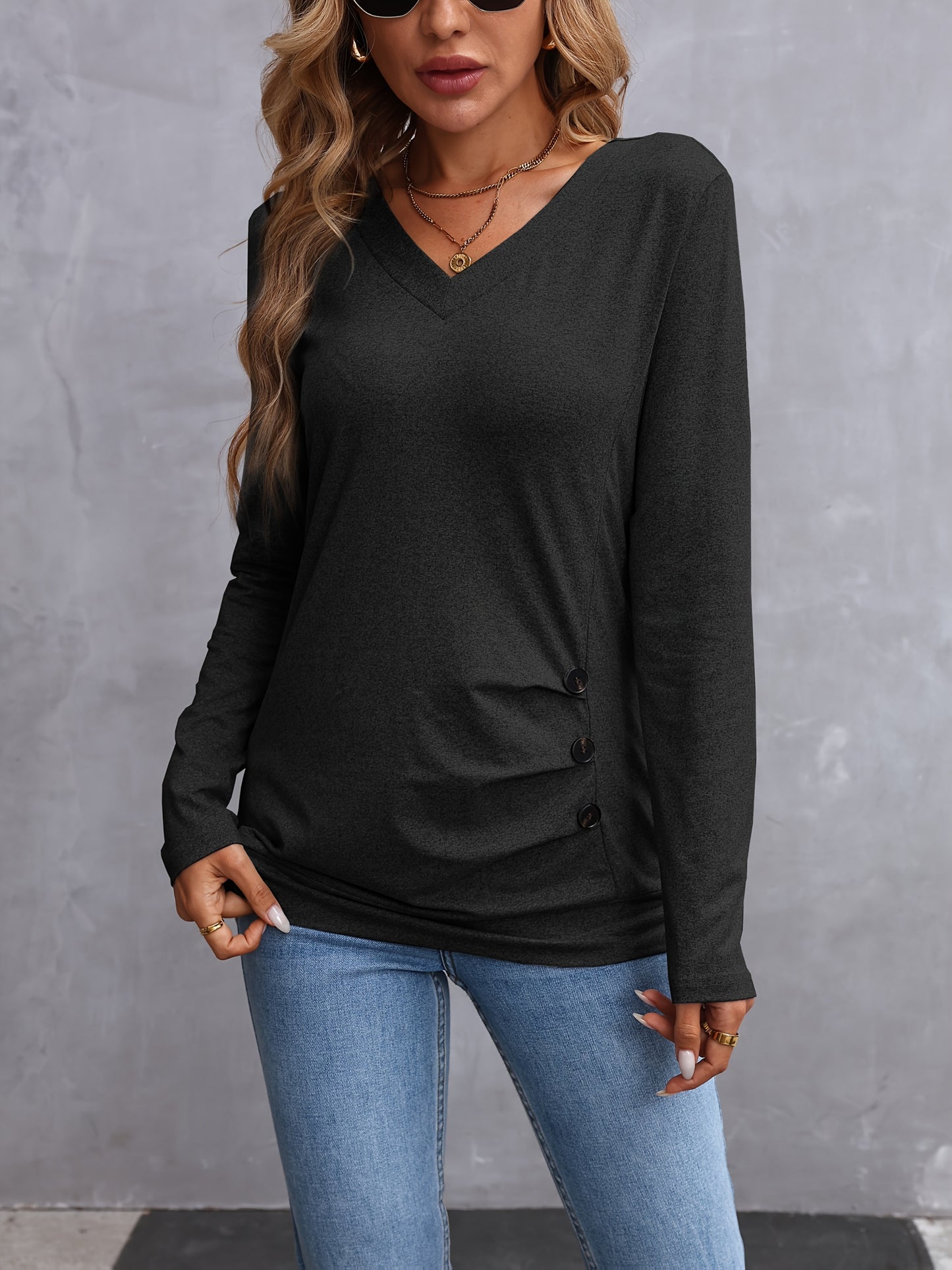 100% Polyester Elegant Long Sleeve V-Neck T-Shirt Solid Color Button Detail Regular Length