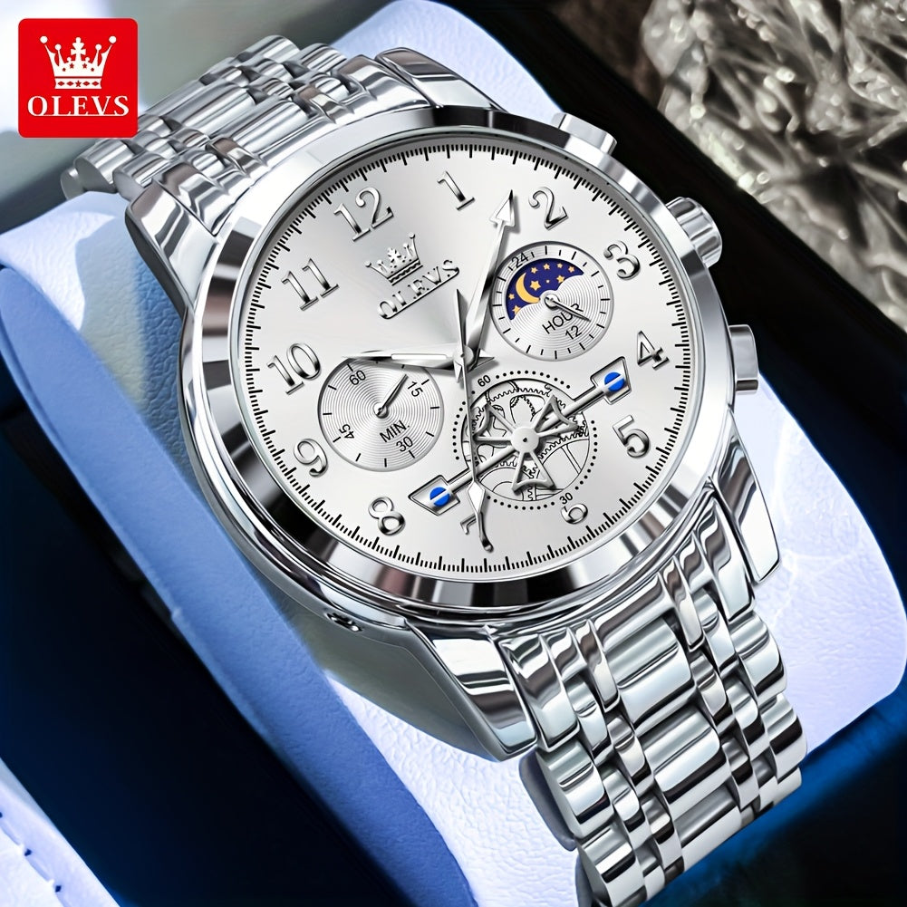 OLEVS Men's Luxury Quartz Watch Stainless Steel Moon Phase Chronograph