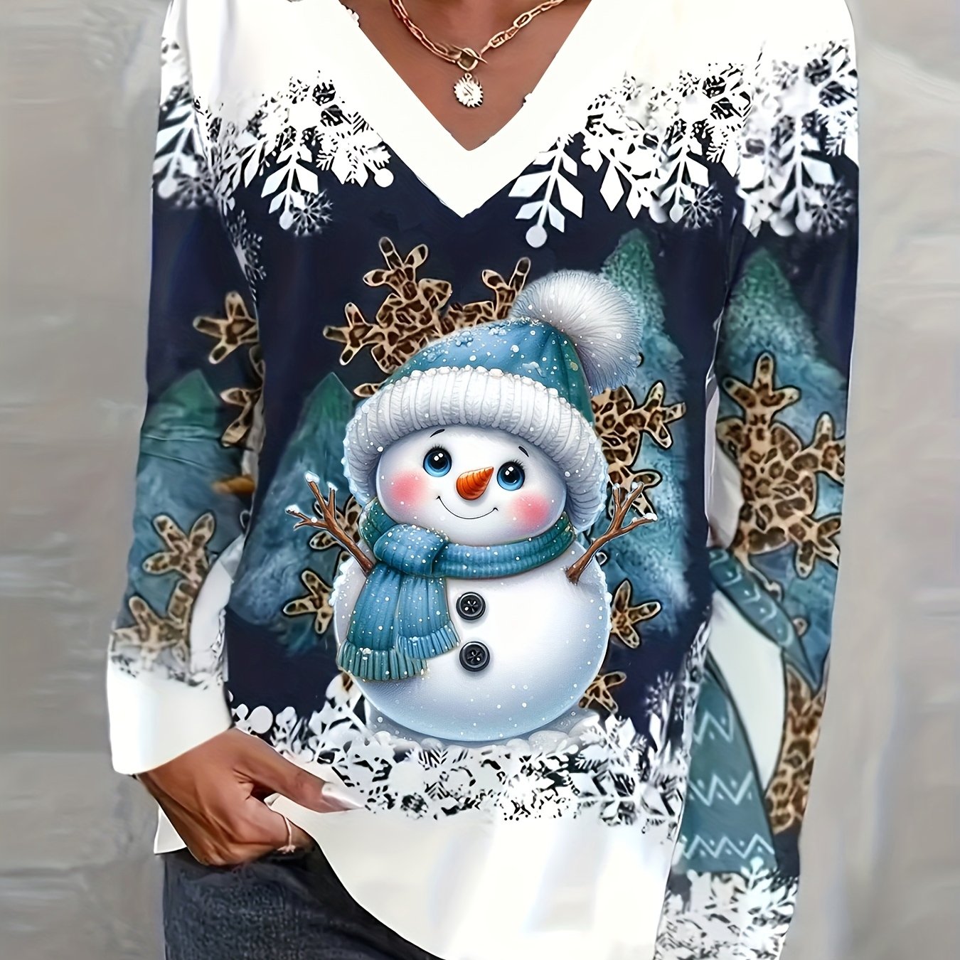 Womens Christmas Snowman 3D Print Long Sleeve Stretch Blend Shirt