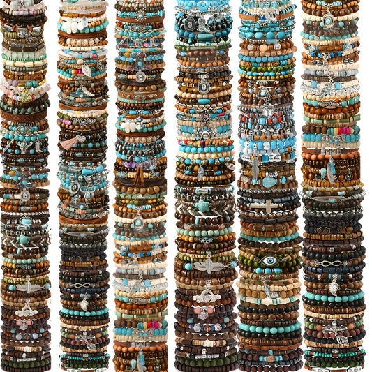 Bohemian Wooden Beaded Bracelets Set Vintage Style For Women