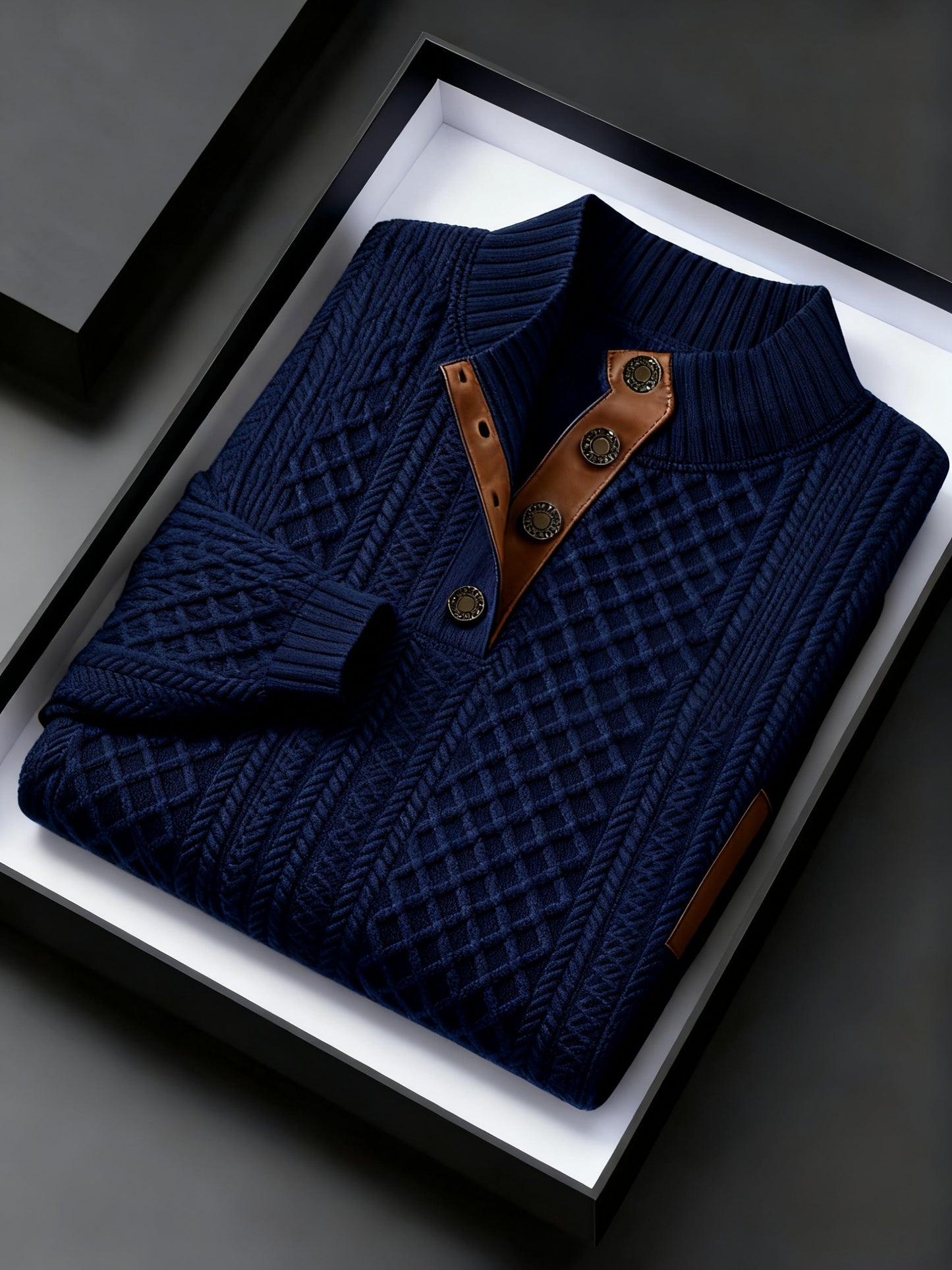Men Jacquard Knit Stand Collar Sweater With Button Closure