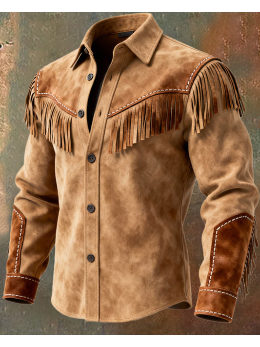 Men's Vintage Fringed Leather Jacket With Button Trim Zipper Closure