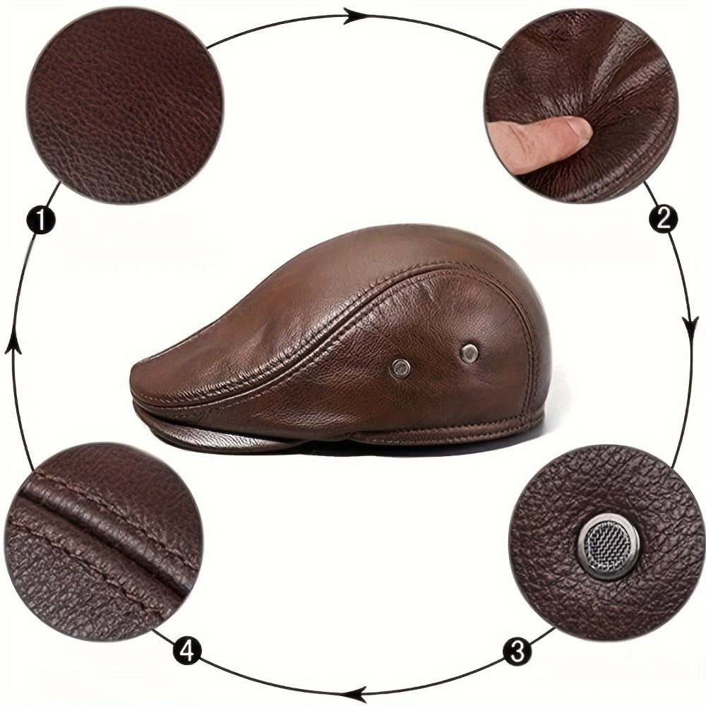 Mens Newsboy Cap Cowhide Leather Handwashable Outdoor Hat Hunting