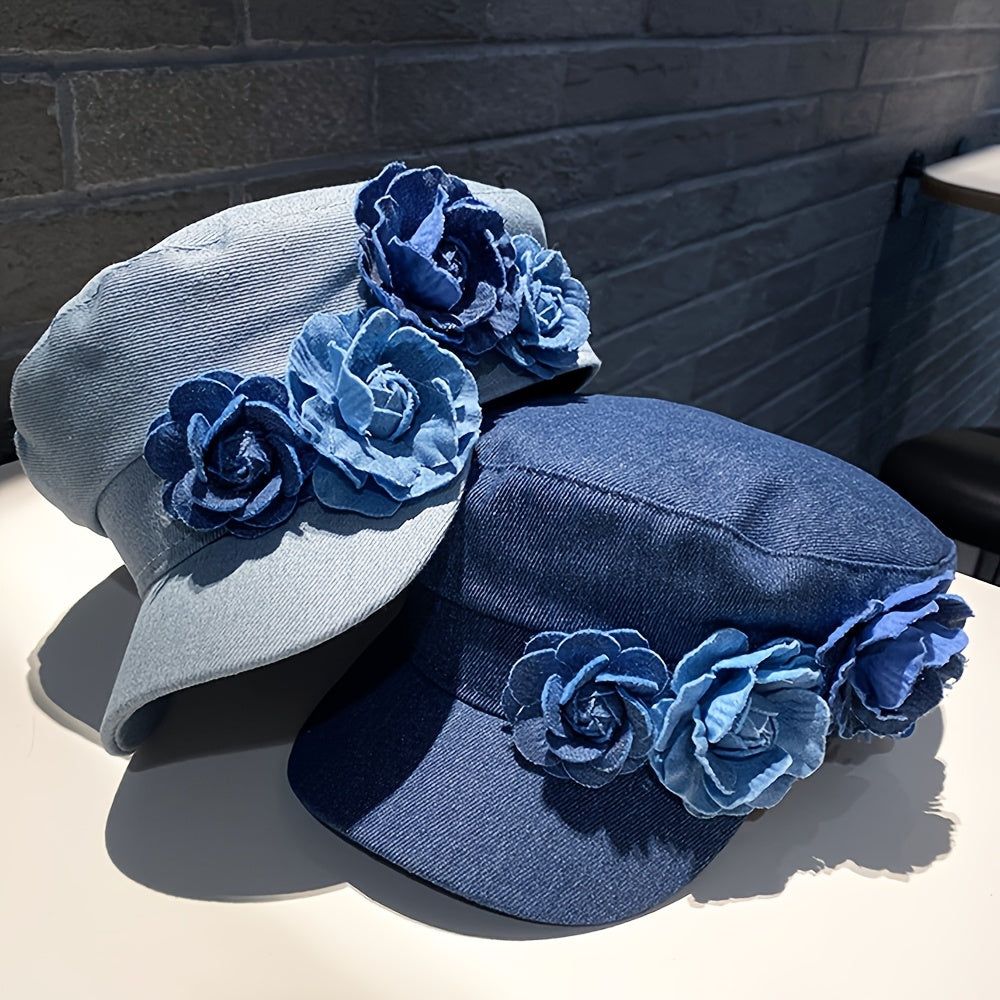 BODERI Women'S Denim Beret with Blue Roses - Lightweight, Elastic Fit for Outdoor Activities, Parties, and Casual Attire, Casual Headwear | Floral Embellished Beret | Texture Beret