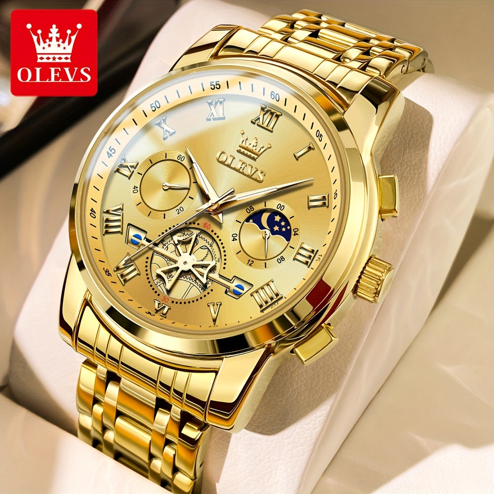 OLEVS Men's Luxury Quartz Watch Stainless Steel Moon Phase Chronograph