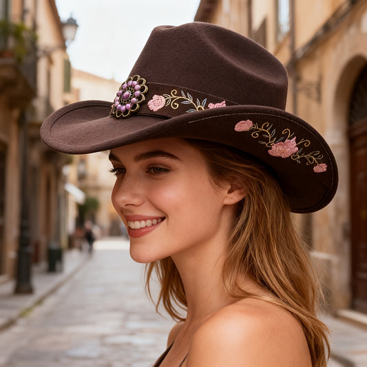 1pc Pink Floral Embroidered Hat | Ladies' British Soft Felt Cowboy Hat with Turquoise and Embroidered Belt, Ideal for Weddings, Holidays, and Parties.