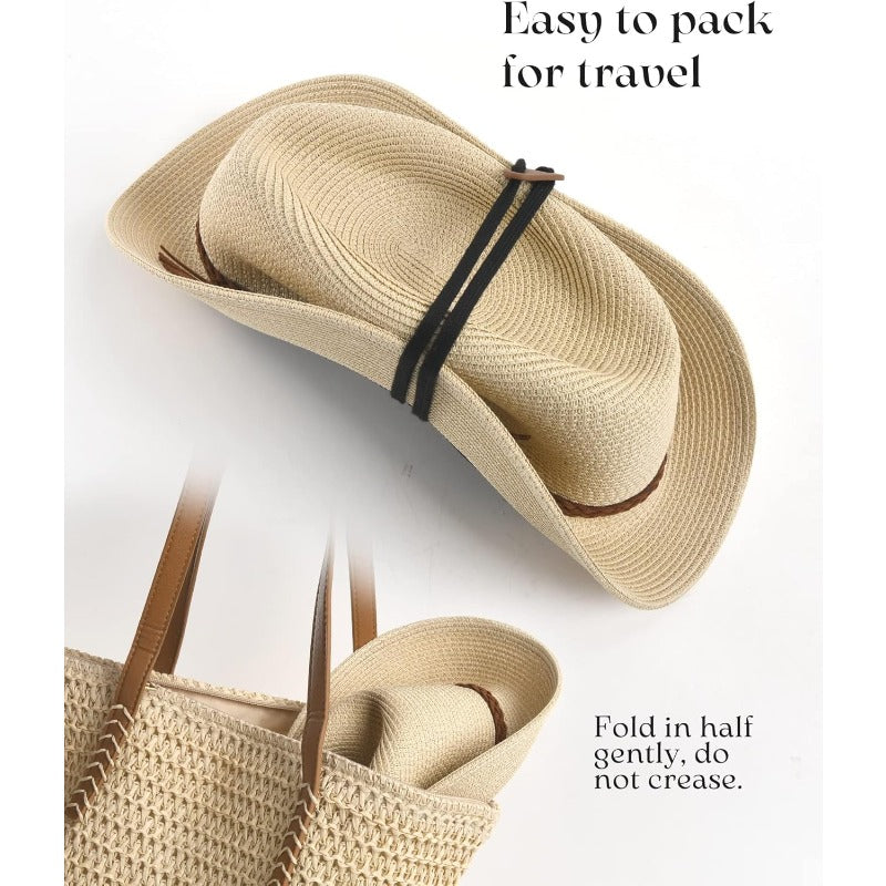 Sun Hats for Women Summer Wide Brim 80+ Panama Fedora Foldable Packable Straw Beach Hat