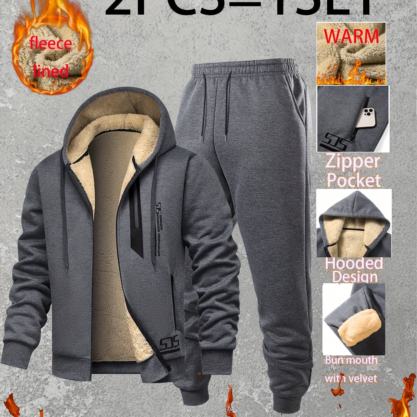 Men Thermal Fleece Jacket Set 2 Piece Full Zip Hooded Jacket And Jogger Pants