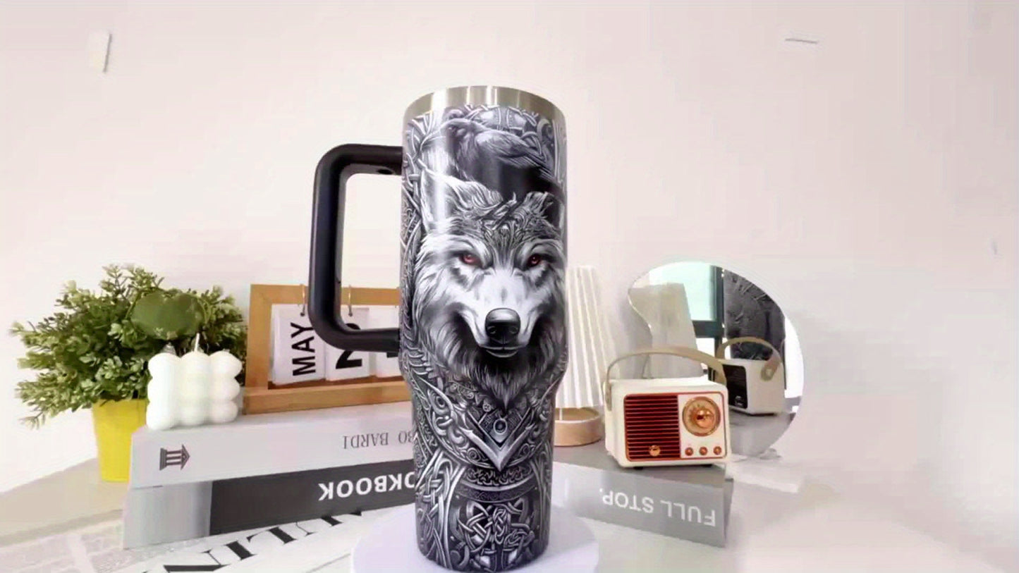 Viking Themed Stainless Steel Insulated Tumbler With Wolf Celtic Knot