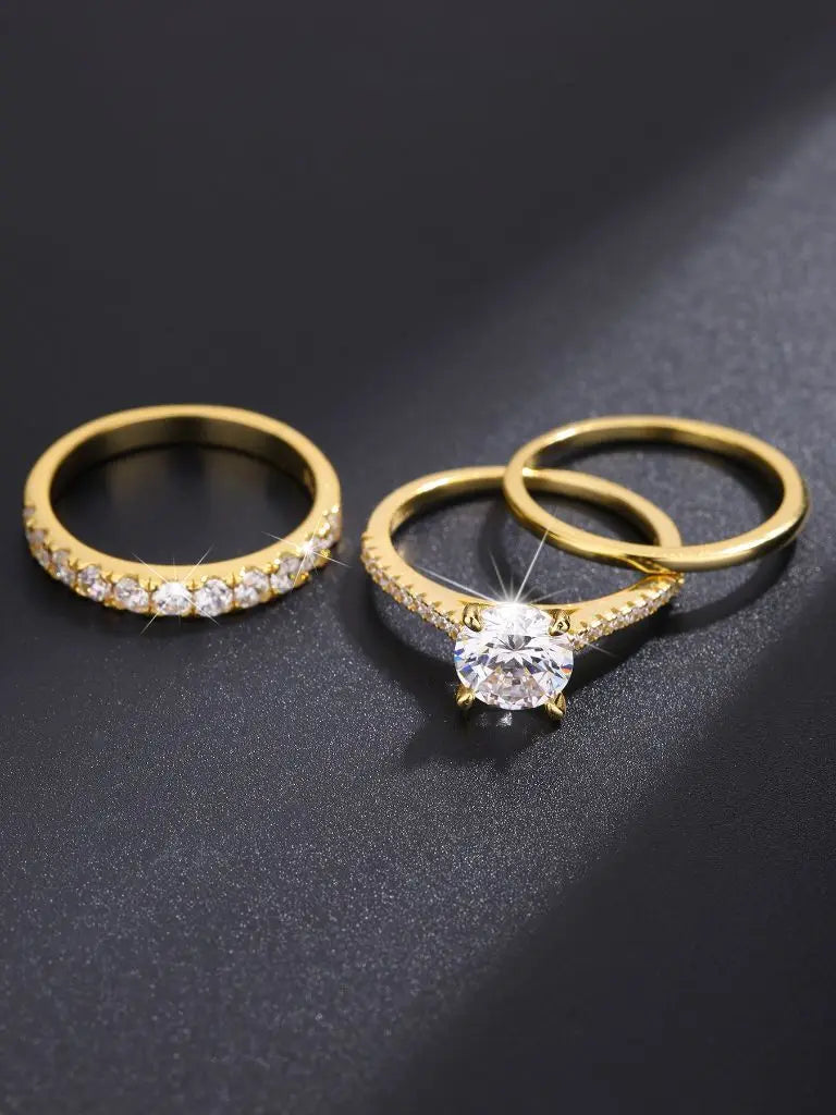Three-Piece S925 Sterling Silver Zircon Diamond Ring Set