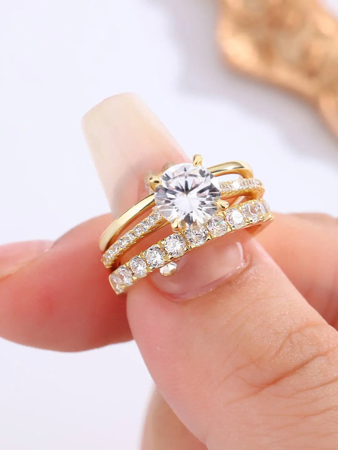 Three-Piece S925 Sterling Silver Zircon Diamond Ring Set