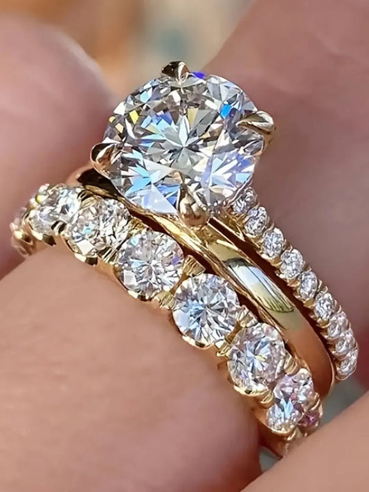 Three-Piece S925 Sterling Silver Zircon Diamond Ring Set