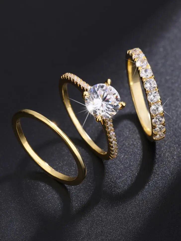 Three-Piece S925 Sterling Silver Zircon Diamond Ring Set