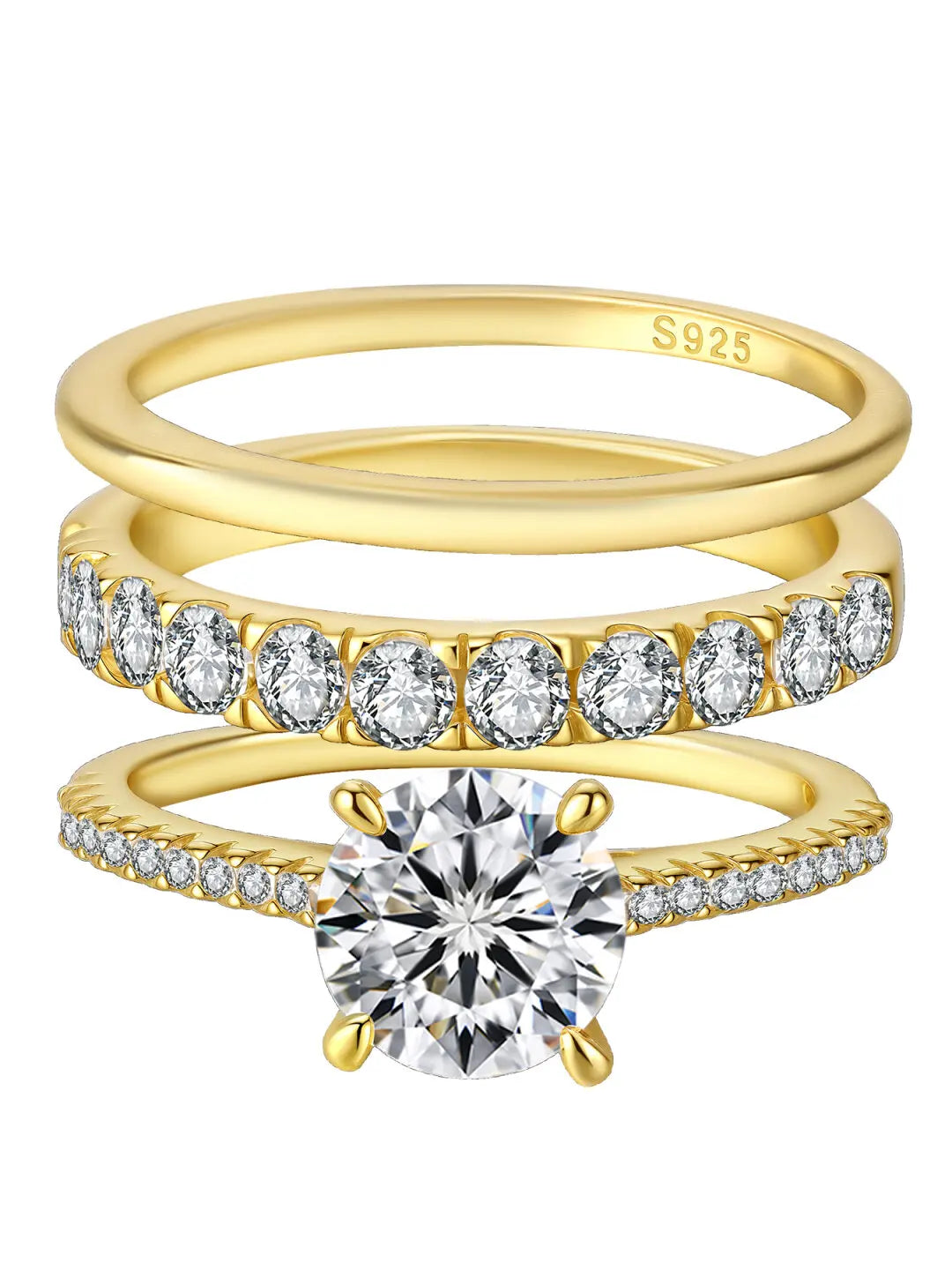 Three-Piece S925 Sterling Silver Zircon Diamond Ring Set