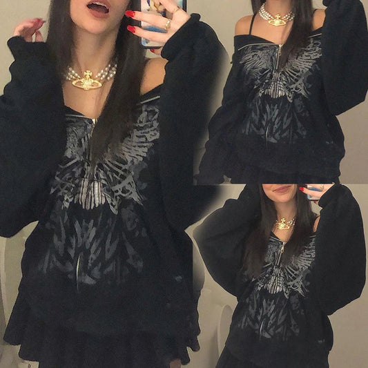Deals To Love Grunge Butterfly Print Oversize Zip Up Hoodie