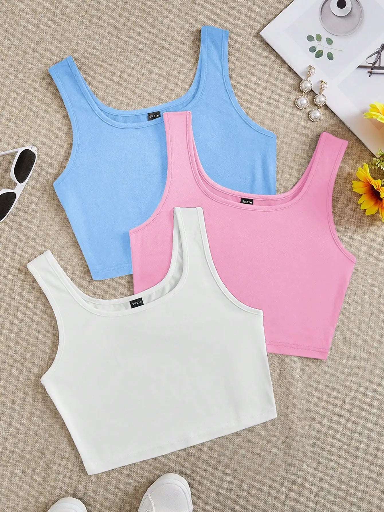 3pcs Women's Super Short Fitted Tank Tops in Black, White & Gray - Round Neck Casual Summer Crop Tops