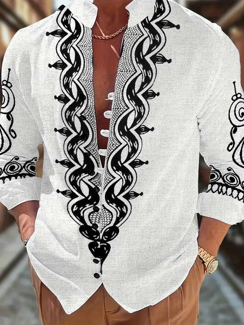 Men's Long Sleeve Linen Shirt Ethnic Vintage Hawaiian Style