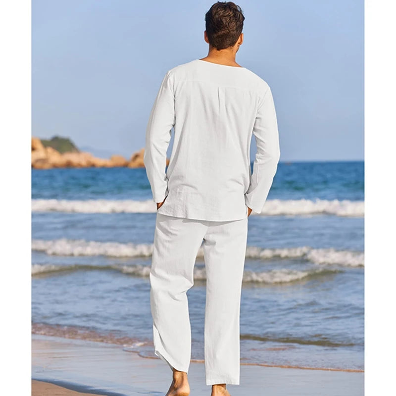 CN Guangdong Mens Summer Cotton Linen Loungewear Set 2 Pieces