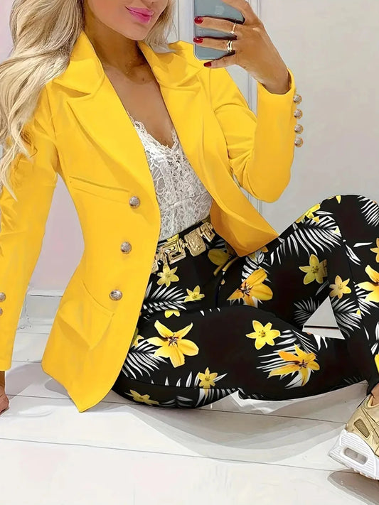 Womens Floral Print Two Piece Suit Set With Jacket