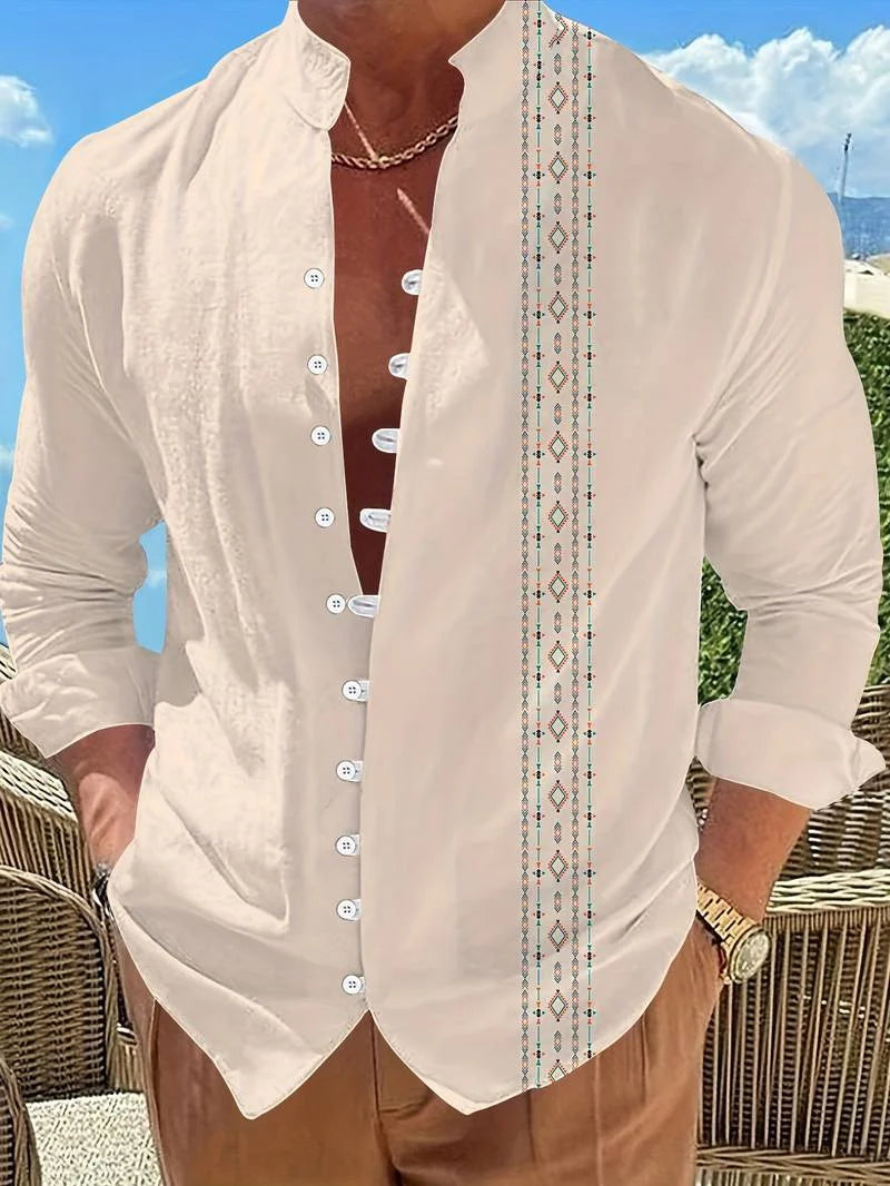 Men's Long Sleeve Linen Shirt Ethnic Vintage Hawaiian Style