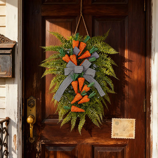 Easter Carrot Fern Wreath Door Decor Striped Bow Wreath Home Wall Hanging Decor 2026 Trendy Easter Garlands Style Corona