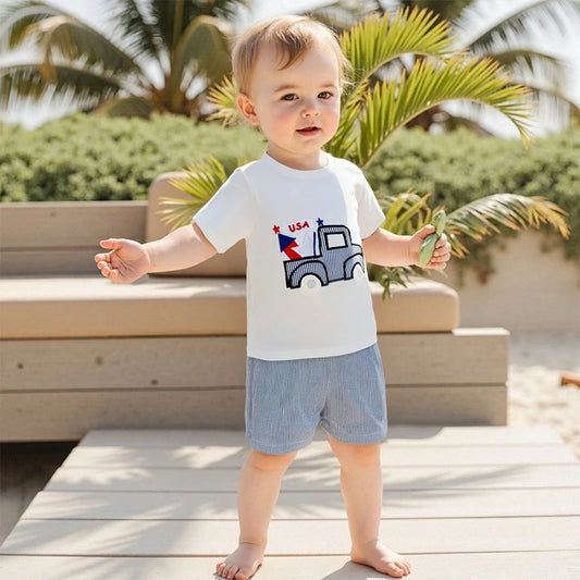 Cute Toddler Boy s 4th of July Set with Truck Embroidery Tee