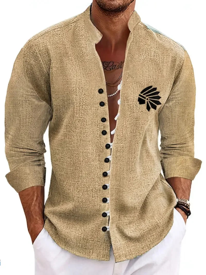 Men's Long Sleeve Linen Shirt Ethnic Vintage Hawaiian Style
