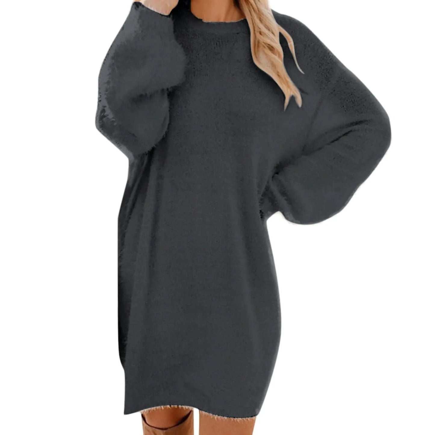 Women Winter Knit Sweater Dress Crewneck Warm Long Sleeve Casual
