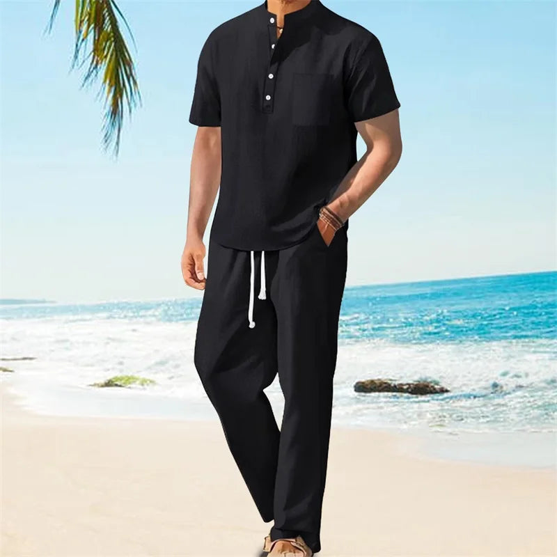 Men's Casual 2 Piece Henley Outfit With Drawstring Pants Set