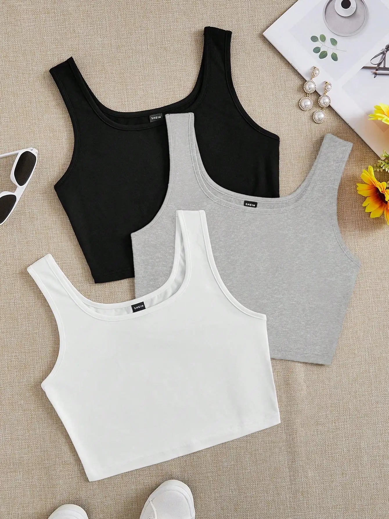 3pcs Women's Super Short Fitted Tank Tops in Black, White & Gray - Round Neck Casual Summer Crop Tops