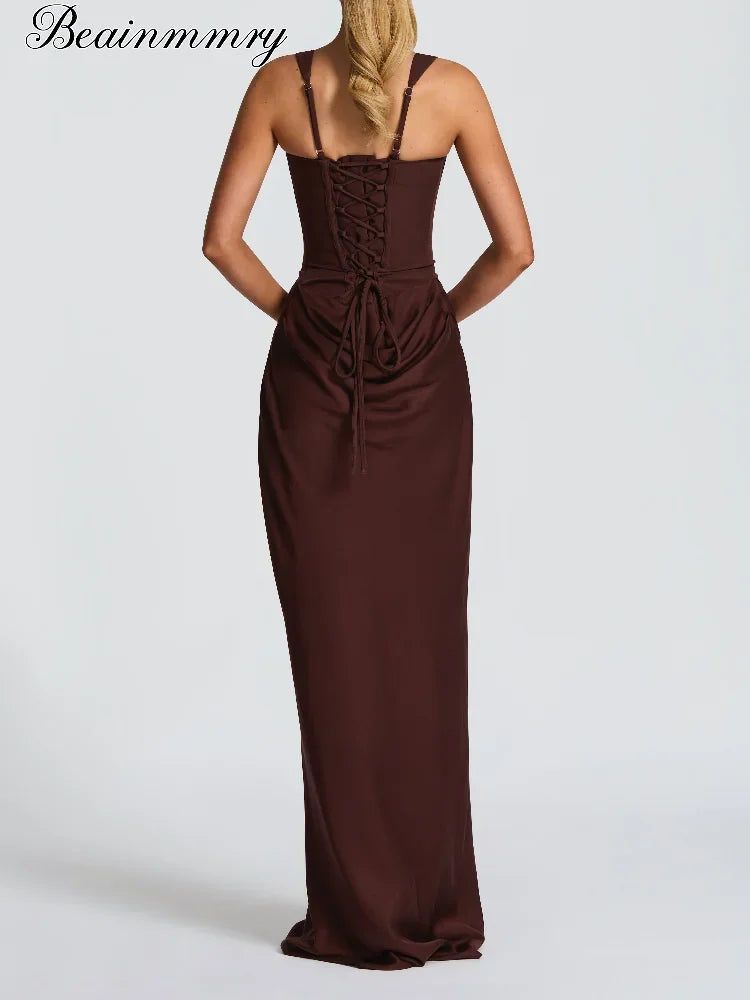 Elegant Solid Corset Sling Pleated Dress Women Brown Sexy Sleeveless Off Shoulder High Waist Maxi Dresses 2025 Lady Party Gown