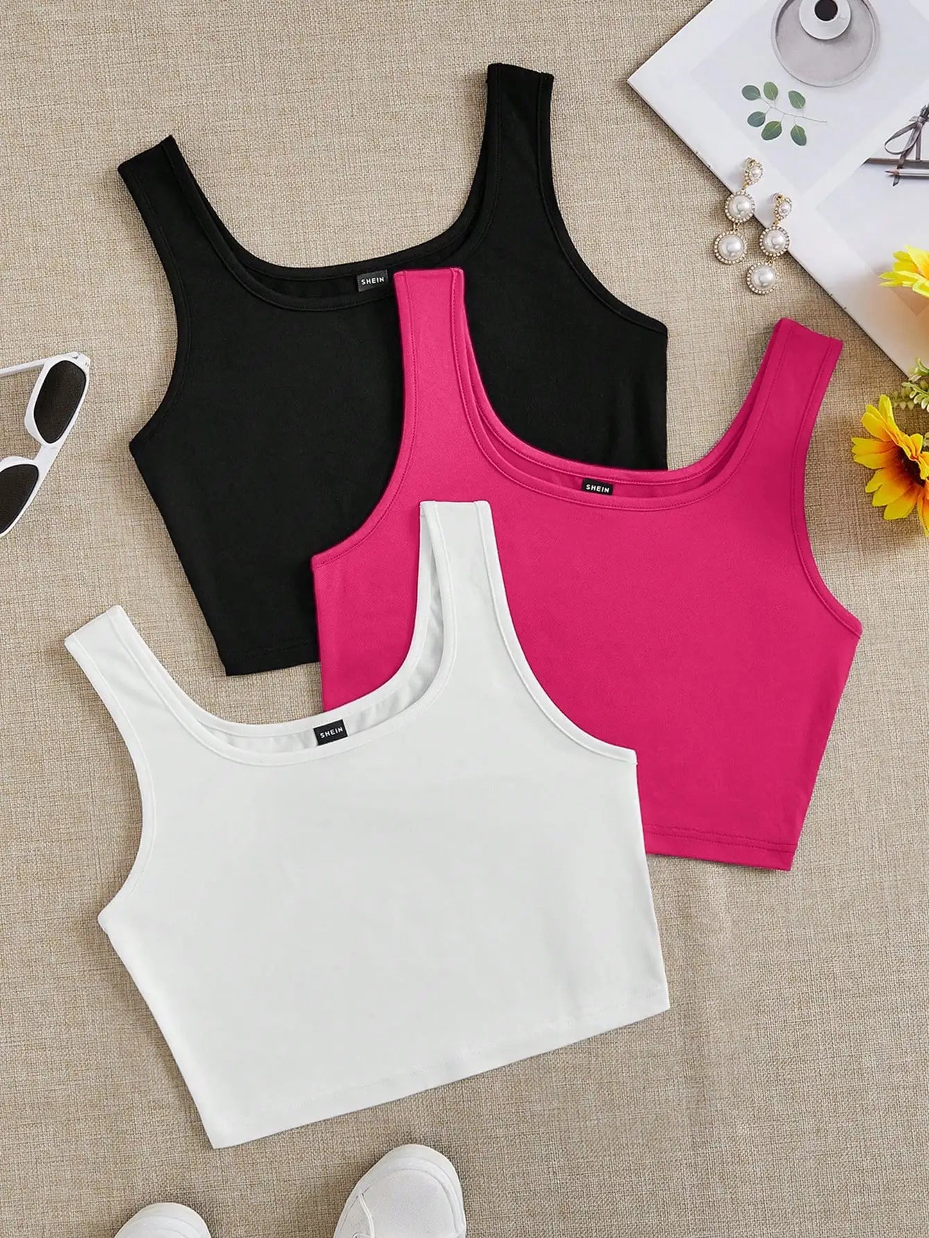 3pcs Women's Super Short Fitted Tank Tops in Black, White & Gray - Round Neck Casual Summer Crop Tops