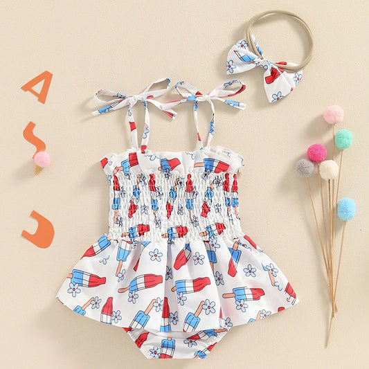 Baby Girl Summer Jumpsuit 4th of July Romper Dress Set