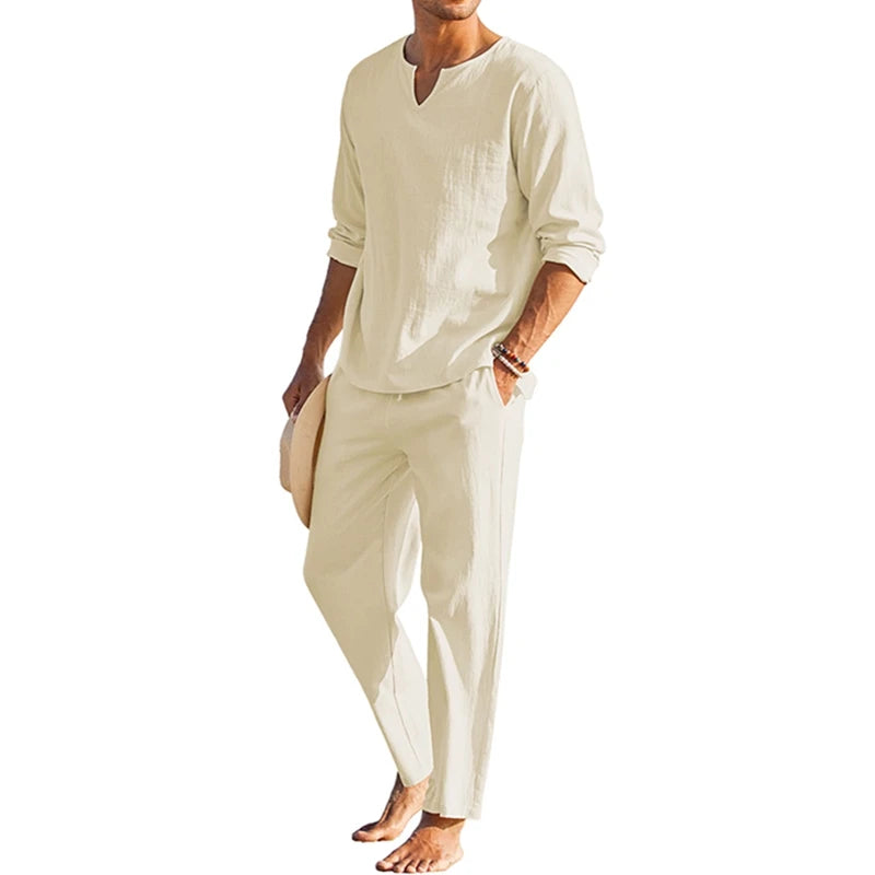 CN Guangdong Mens Summer Cotton Linen Loungewear Set 2 Pieces