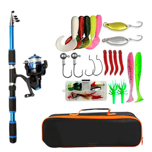 Fishing Pole Set Full Kits With Telescopic Fishing Rod Spinning Reel Baits Hooks Travel Pole Set