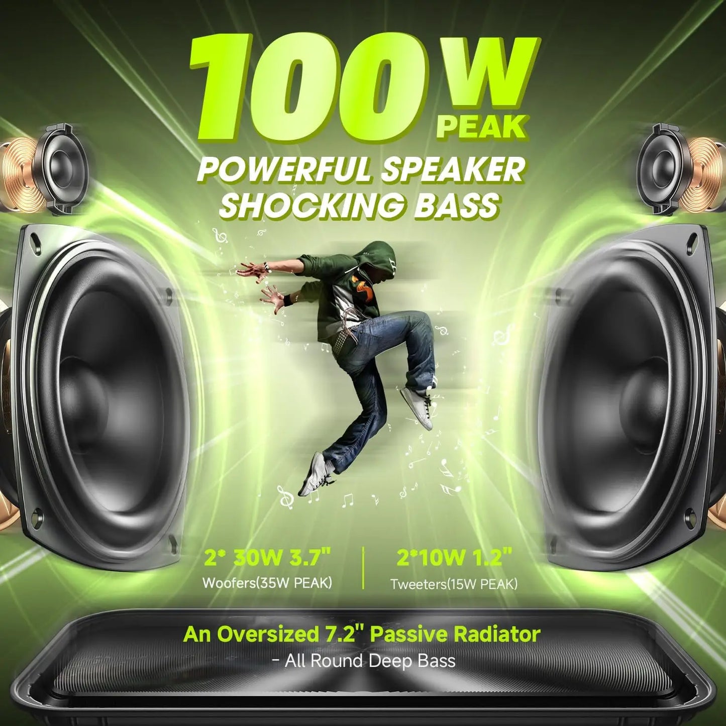 W-King 100W Peak Portable Bluetooth Speaker With Subwoofer Outdoor