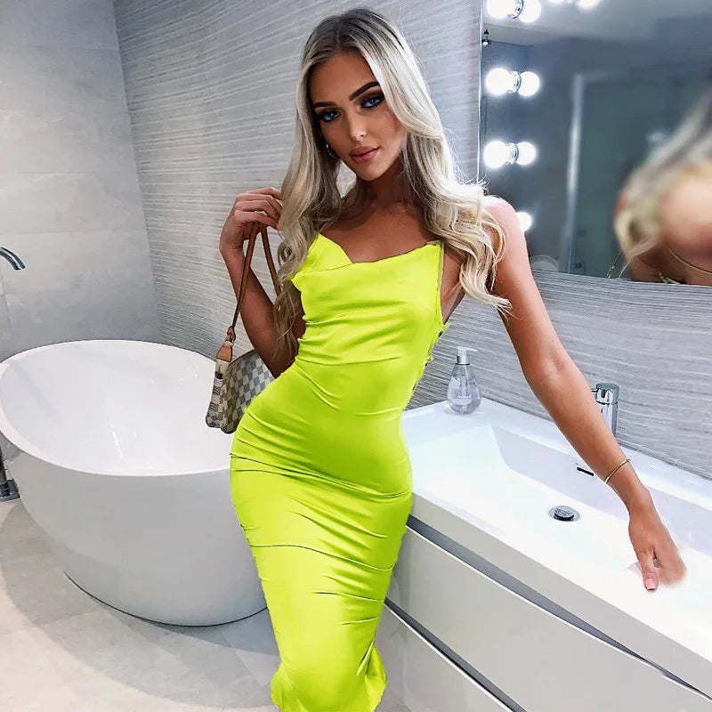 Satin Lace Up Womens Long Midi Dress Backless Elegant Party
